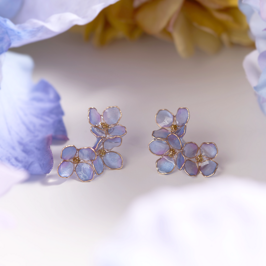 Blue Hydrangea Triple Bloom Drop Earrings