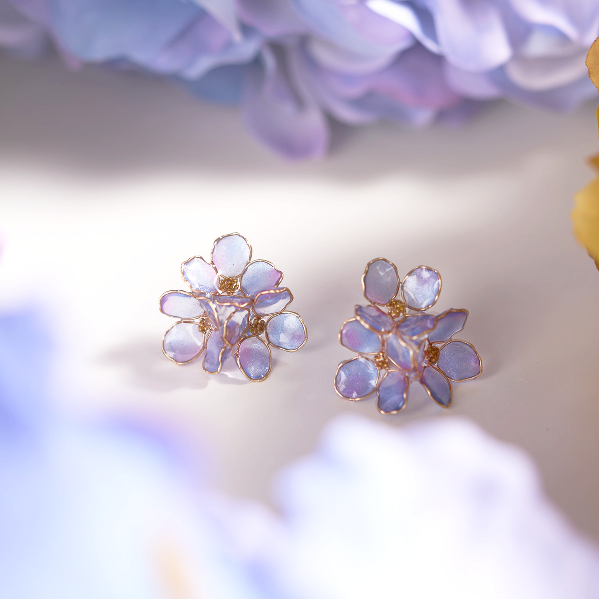 Blue Hydrangea Triple Bloom Cluster Earrings